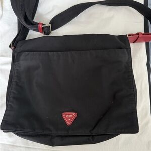 GUESS Black Nylon Messenger Bag with Red Accents